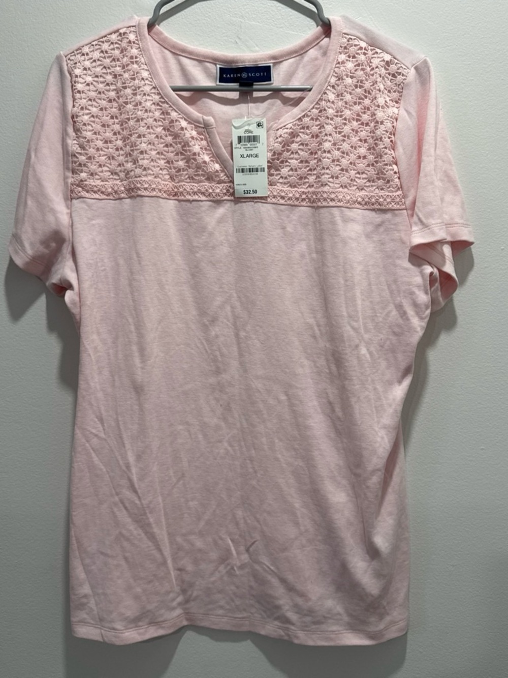 Karen Scott Pale Pink Crochet Yoke Short-Sleeve Tee